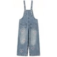 thumbnail image 1 of KIDSCOOL SPACE Girls Denim Overalls, Ripped Heart-shaped Bib Jeans Workwear Pants, Light Blue,5-6 Years, 1 of 7