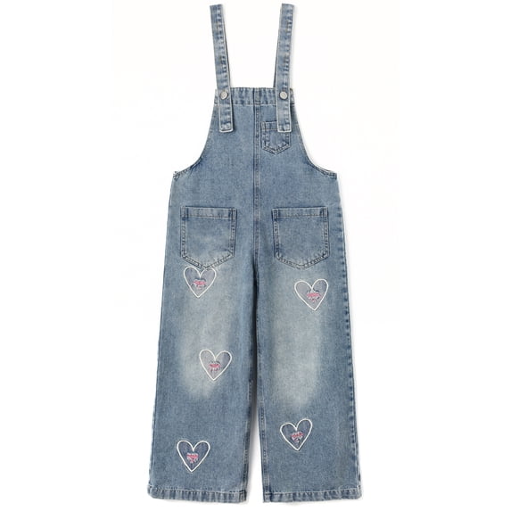 KIDSCOOL SPACE Girls Denim Overalls, Ripped Heart-shaped Bib Jeans Workwear Pants, Light Blue,5-6 Years