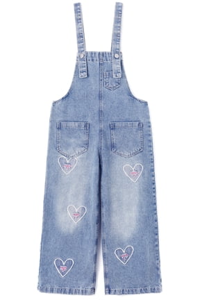 KIDSCOOL Little Big Girls Jean Jumpsuit Kids Heart Embroidered Wide Leg Denim Overalls, Light Blue,7-8 Years