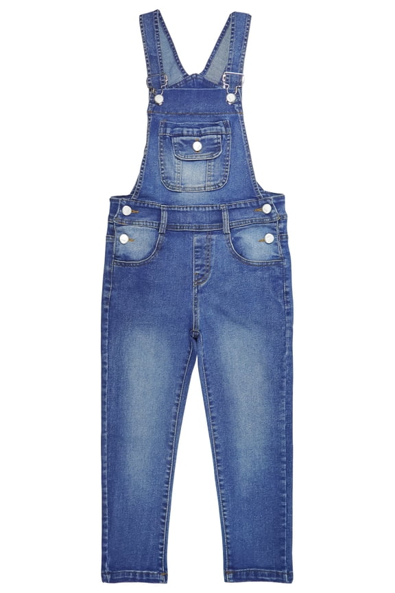 KIDSCOOL Big Girls Denim Overalls Pants Kids Stretchy Straight Leg Jean Jumpsuits,Deep Blue,5-6 Years