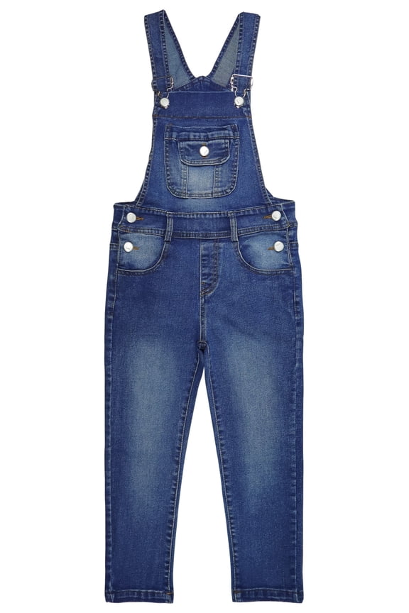 Girls Denim Overalls,Washed Big Bib Flap Pockets Soft Stretchy,Deep Blue,5-6 Years
