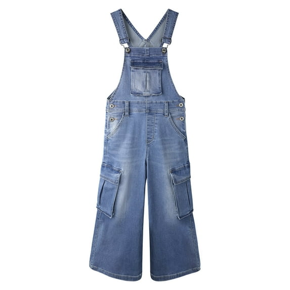 KIDSCOOL SPACE Girls Denim Overalls,Wide Leg Accordion Deep Heel Pockets Cargo Jeans Dungarees,MidBlue,7-8 Years