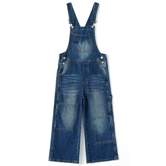 KIDSCOOL SPACE Girls’ Denim Overalls, Wide Leg Jean Dungaree Pants,Mid Blue,13-14 Years
