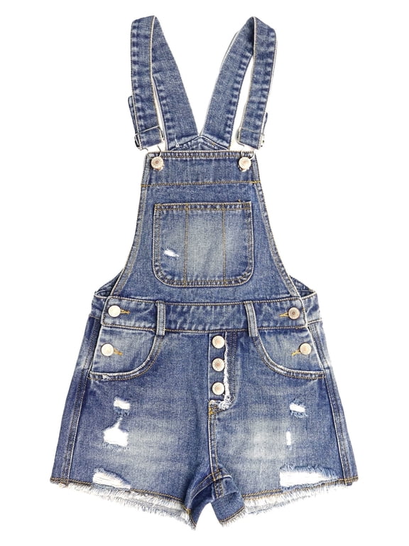 KIDSCOOL Girls Denim Overall Shorts Ripped Raw Hem Jeans Shortalls Jumpsuit,Light Blue,13-14 Years