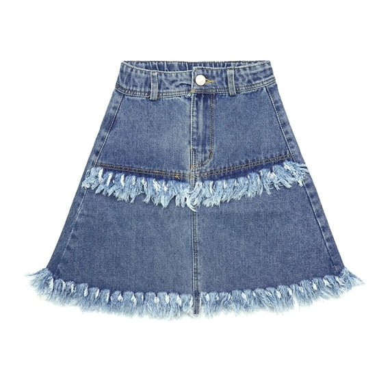 KIDSCOOL SPACE Girls Denim Skirt, 2 Layer Raw Edge Fashion Summer Short Jeans Dress,Blue,7-8 Years