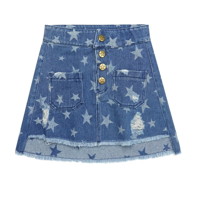 KIDSCOOL SPACE Girls Denim Skirt,Ripped Soft Raw Edge Star Printed Summer Short Jeans Dress,Blue,5-6 Years