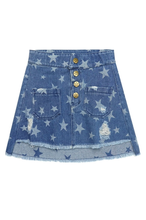 Girls Denim Skirt,Ripped Soft Raw Edge Star Printed Summer Short Jeans Dress,Blue,7-8 Years