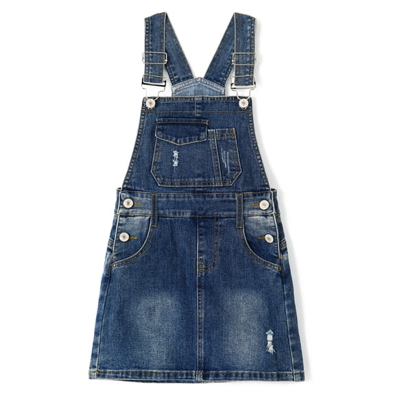 KIDSCOOL SPACE Girls Denim Skirts,Baby Girls Ripped Soft Stretchy Jeans Overall Dress,Deep Blue,18-24 Months