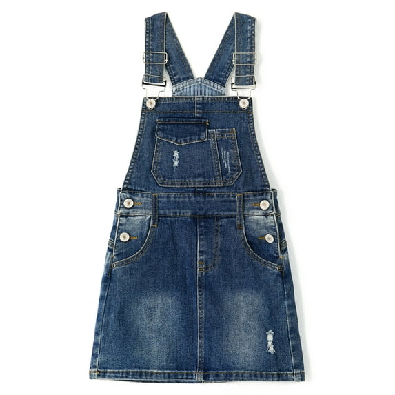 KIDSCOOL SPACE Girls Denim Skirts,Big Girls Ripped Soft Stretchy Jeans Overall Dress,Deep Blue,10-11 Years