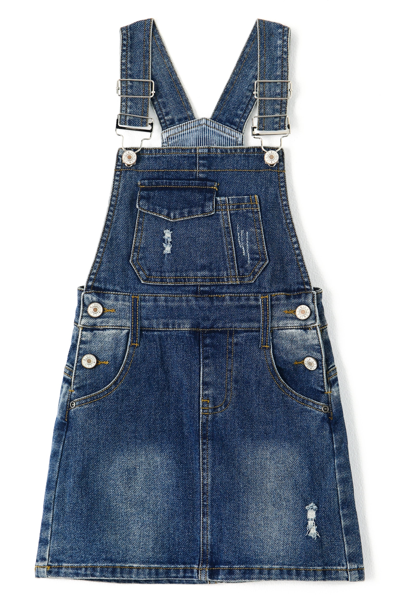 KIDSCOOL SPACE Girls Denim Skirts,Big Girls Ripped Soft Stretchy Jeans Overall Dress,Deep Blue,7-8 Years