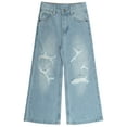 thumbnail image 1 of KIDSCOOL SPACE Girls Flare Jeans,Little Big Girl Distressed Holes Wide Leg Summer Denim Pants,Light Blue,4-5 Years, 1 of 6