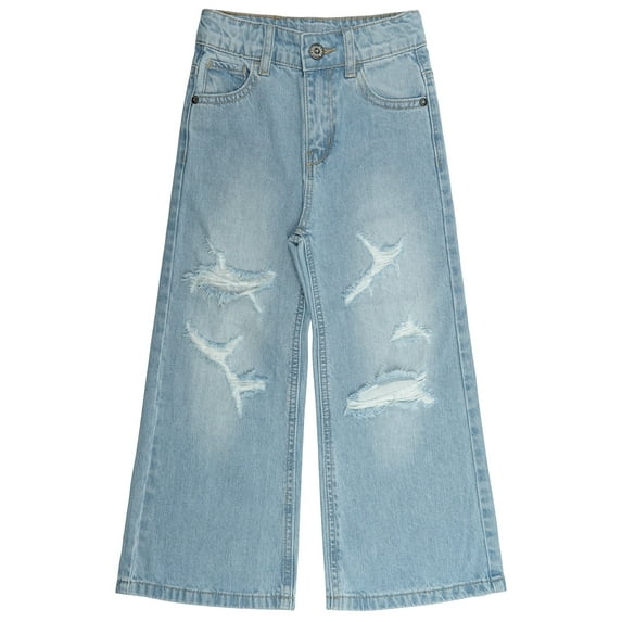 KIDSCOOL SPACE Girls Flare Jeans,Little Big Girl Distressed Holes Wide Leg Summer Denim Pants,Light Blue,4-5 Years