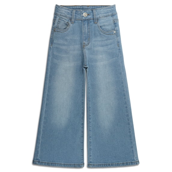 KIDSCOOL Little Big Girls Stretch Wide Leg Jeans Washed Whisker Denim Pants,Light Blue,6-7 Years