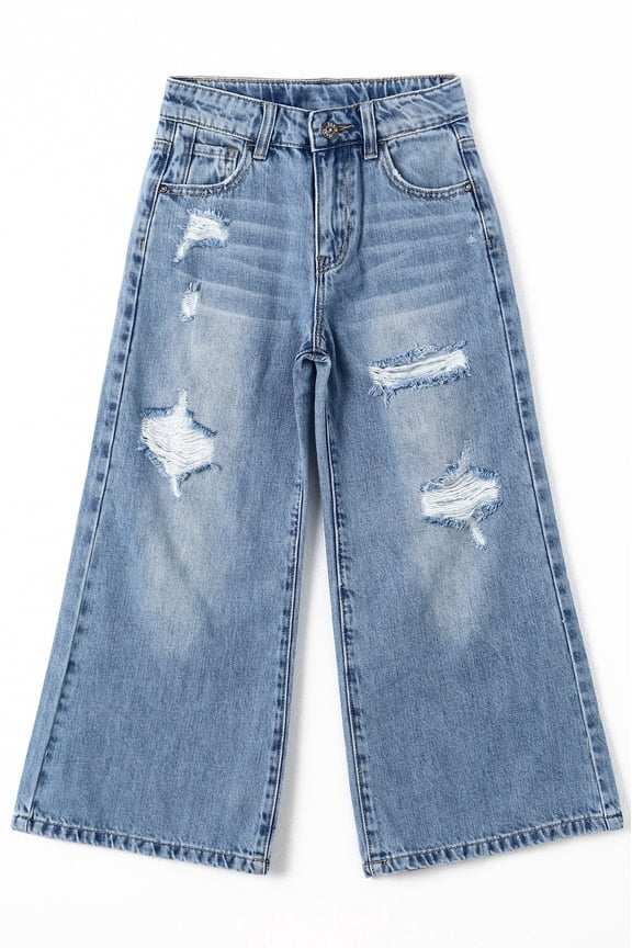KIDSCOOL Little Big Girls Denim Pants Ripped Loose Soft Wide Leg Jeans,7-8 Years