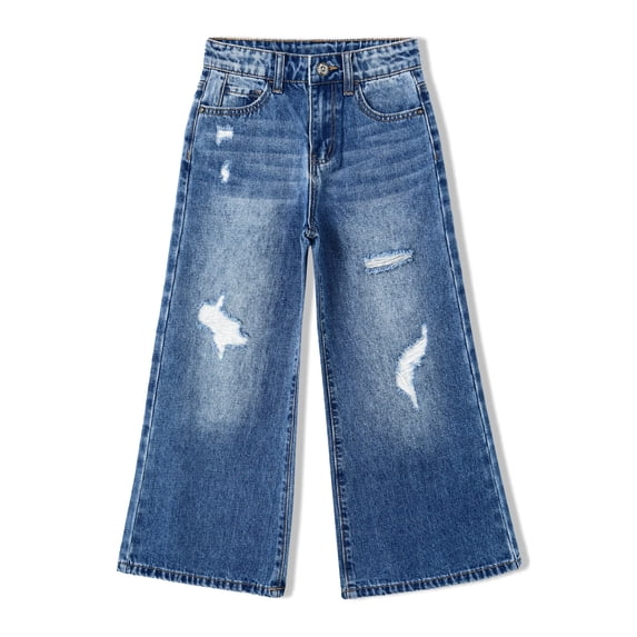 KIDSCOOL SPACE Girls Flare Jeans,Little Big Girl Ripped Wide Leg Summer Denim Pants,7-8 Years