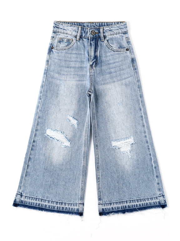 KIDSCOOL Little Big Girls Washed Denim Pants Casual Wide Leg Ripped Jeans,Blue,6-7 Years