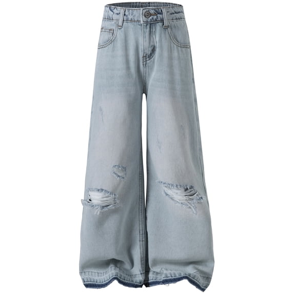 KIDSCOOL Little Big Girls Washed Denim Pants Casual Wide Leg Ripped Jeans,Blue,7-8 Years