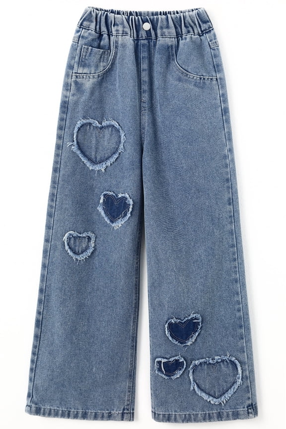 Girls Heart Patchwork Jeans, Kids Distressed Wide Leg Denim Pants,Light Blue,5-6 Years