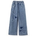 thumbnail image 1 of KIDSCOOL SPACE Girls Heart Patchwork Jeans, Kids Distressed Wide Leg Denim Pants,Light Blue,8-9 Years, 1 of 6