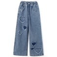 thumbnail image 1 of KIDSCOOL SPACE Girls Heart Patchwork Jeans, Kids Distressed Wide Leg Denim Pants,Light Blue,8-9 Years, 1 of 6