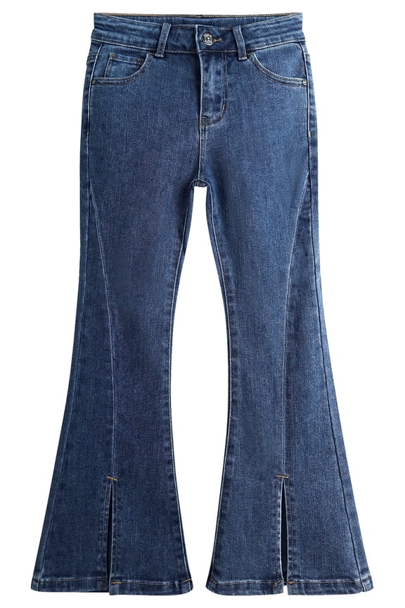 Girls Jeans, Big Little Kids Girl Elastic Waistband Inside High Stretch Denim Flared Pants,Mid Blue, 8-9 Years