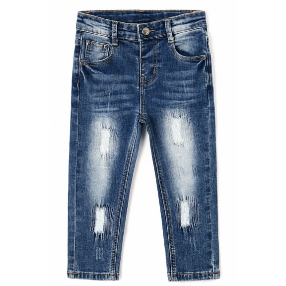 KIDSCOOL SPACE Girls Jeans,Elastic Waistband Inside Little Big Girl Ripped Holes Denim Pants,Blue,11-12 Years