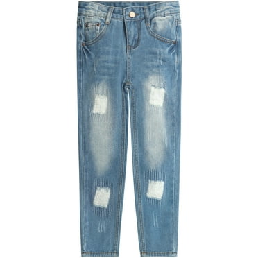 KIDSCOOL SPACE Girls Jeans,Elastic Waistband Inside Little Big Girl Ripped Holes Denim Pants,Blue,13-14 Years