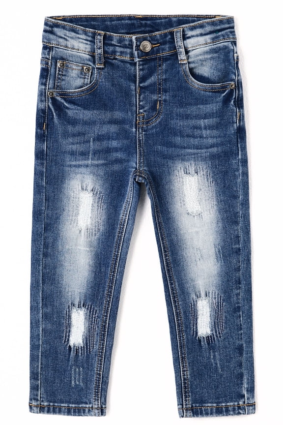 Girls Jeans,Elastic Waistband Inside Little Big Girl Ripped Holes Denim Pants,Blue,3-4 Years