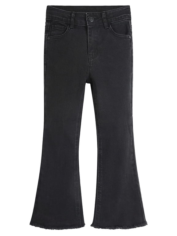Girls Jeans, Split Hem with Ral Edges Elastic Waistband Inside High Stretch Denim Flared Pants,Black, 8-9 Years