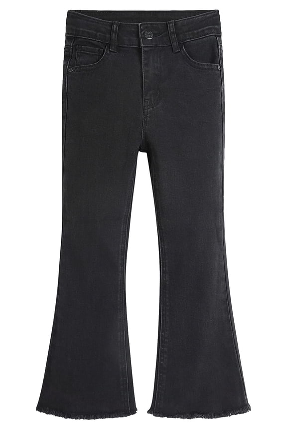 Girls Jeans, Split Hem with Ral Edges Elastic Waistband Inside High Stretch Denim Flared Pants,Black, 8-9 Years