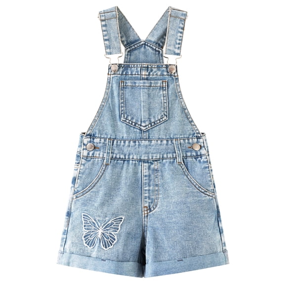 KIDSCOOL SPACE Toddler Girls Versatile Shortalls,Butterfly Embroidered Light Wash Denim Jumpsuit Shorts, Light Blue,6-7 Years