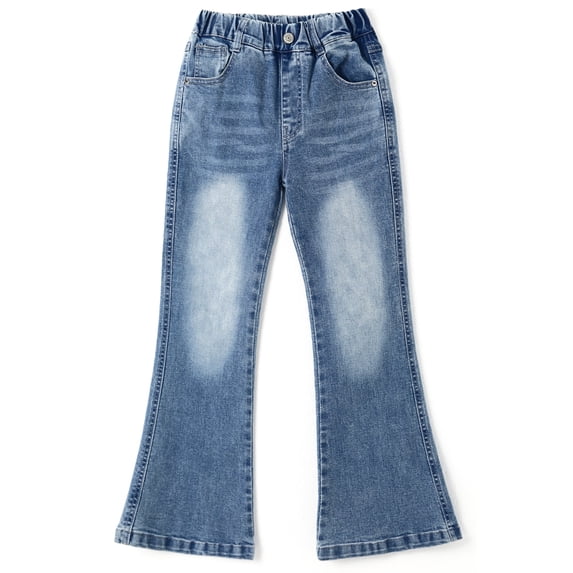 KIDSCOOL Girls Bell Bottom Denim Pants 18M-14T Elastic Waist Flare Jeans,Light Blue,7-8 Years