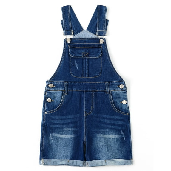 KIDSCOOL SPACE Girls Shorts, Baby Little Girls Stretchy Denim Shortalls, Deep Blue,4-5 Years