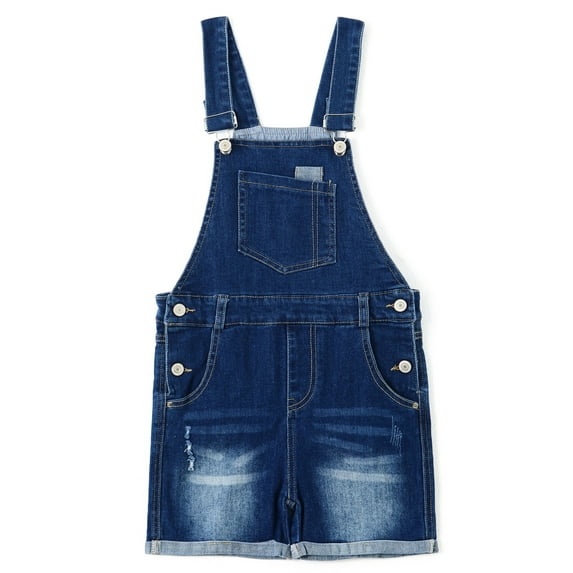 KIDSCOOL SPACE Girls Shorts,Big Girls Big Bibs Washed Soft Summer Denim Shortalls,Deep Blue,7-8 Years