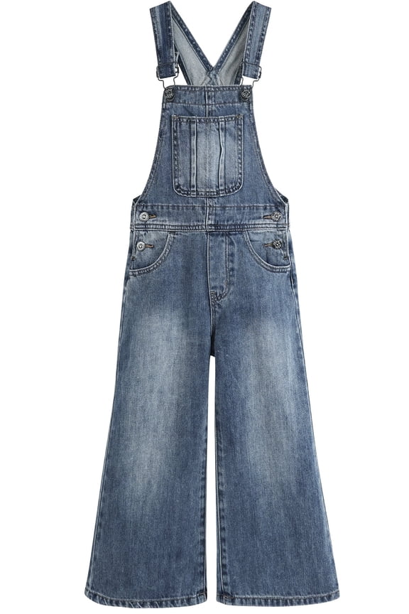 Girls Slim-fit Denim Overalls,Little Big Kids Wide-Leg Jeans Dungarees Pants, Light Blue,13-14 Years