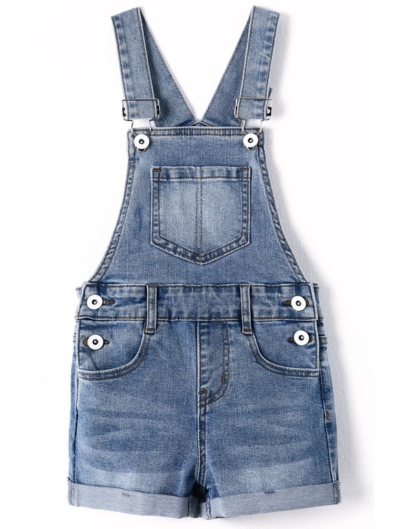 KIDSCOOL Girls Rolled Hem Jeans Overall Shorts Jumpsuit Denim Shortalls,Light Blue,6-7 Years