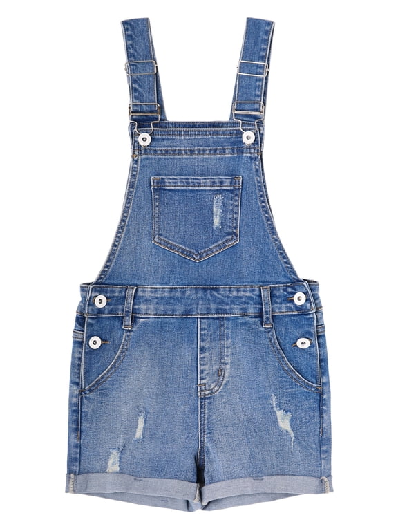 KIDSCOOL Girls Jeans Overall Shorts Jumpsuit Rolled Hem Denim Shortalls