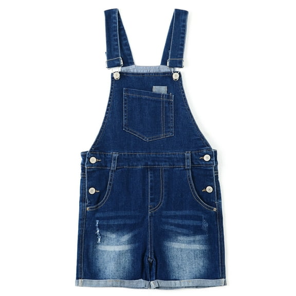 KIDSCOOL SPACE Girls Shorts,Little Girls Big Bibs Washed Soft Summer Denim Shortalls,Deep Blue,6-7 Years