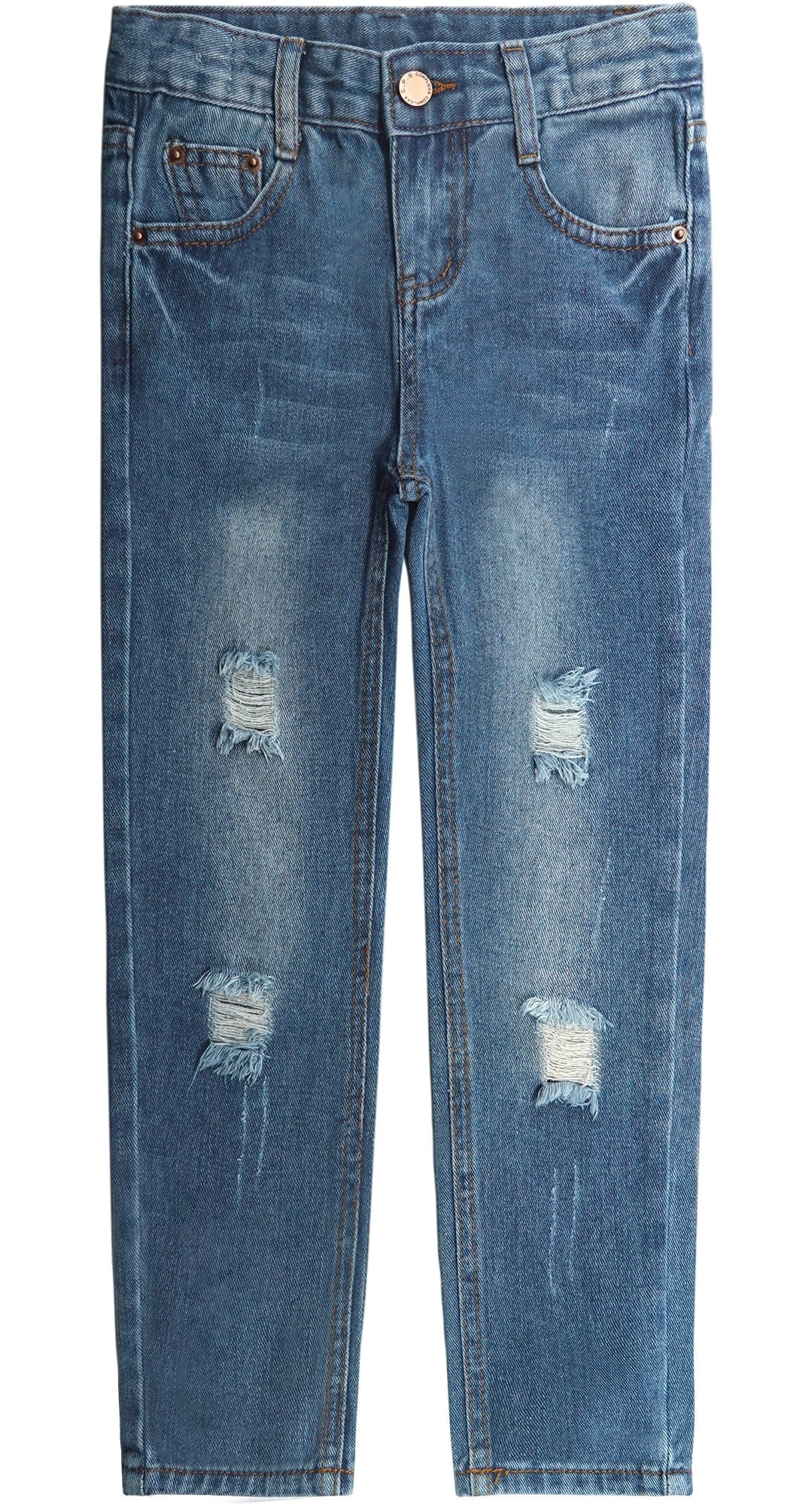Jeans Per Bambini Con Strappi A Forma Di Uccello - Vita Elastica - Blu Denim - Foto 9
