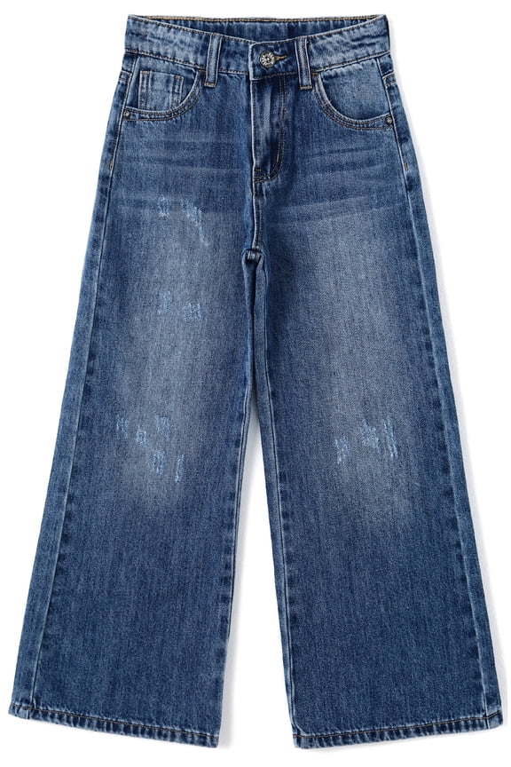 Girls Slim Jeans,Ripped Wide-leg Denim Pants,Deep Blue,8-9 Years