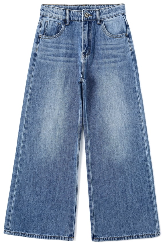 Girls Slim Jeans,Wide-leg Simple Design Denim Pants,Light Blue,4-5 Years