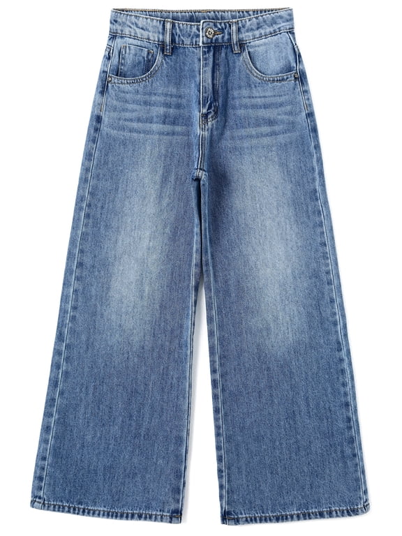 Girls Slim Jeans,Wide-leg Simple Design Denim Pants,Light Blue,5-6 Years