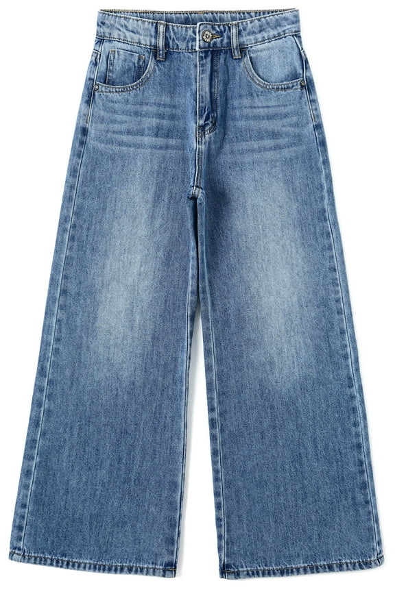 Girls Slim Jeans,Wide-leg Simple Design Denim Pants,Light Blue,6-7 Years