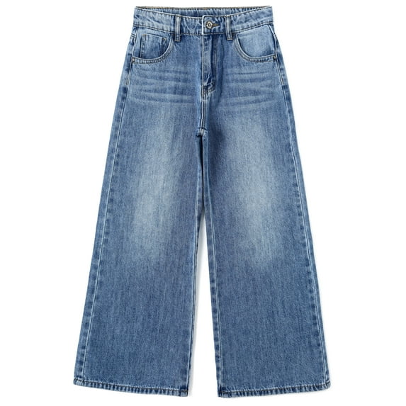 KIDSCOOL SPACE Girls Slim Jeans,Wide-leg Simple Design Denim Pants,Light Blue,8-9 Years