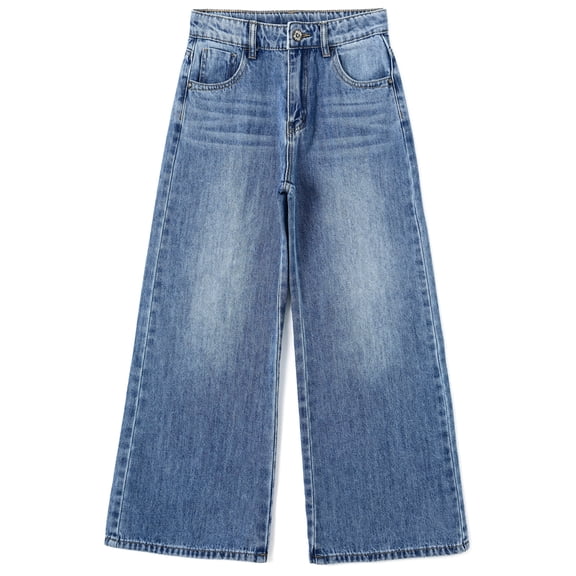 KIDSCOOL SPACE Girls Slim Jeans,Wide-leg Simple Design Denim Pants,Light Blue,8-9 Years