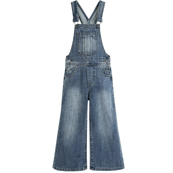 KIDSCOOL SPACE Girls Slim-fit Denim Overalls,Little Big Kids Wide-Leg Jeans Dungarees Pants,Light Blue,6-7 Years