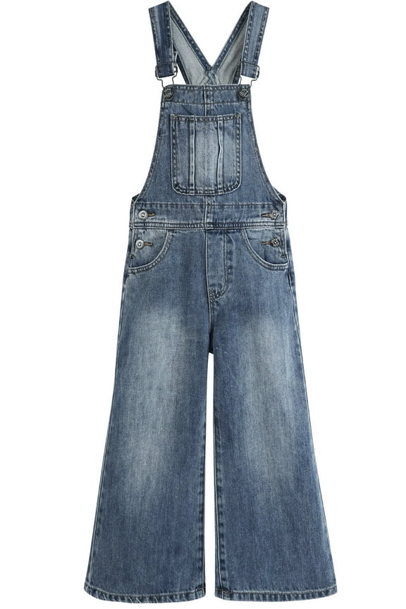 Girls Slim-fit Denim Overalls,Little Big Kids Wide-Leg Jeans Dungarees Pants,Light Blue,6-7 Years