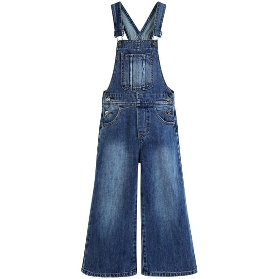 KIDSCOOL SPACE Girls Slim-fit Denim Overalls,Little Big Kids Wide-Leg Jeans Dungarees Pants,Mid Blue,9-10 Years