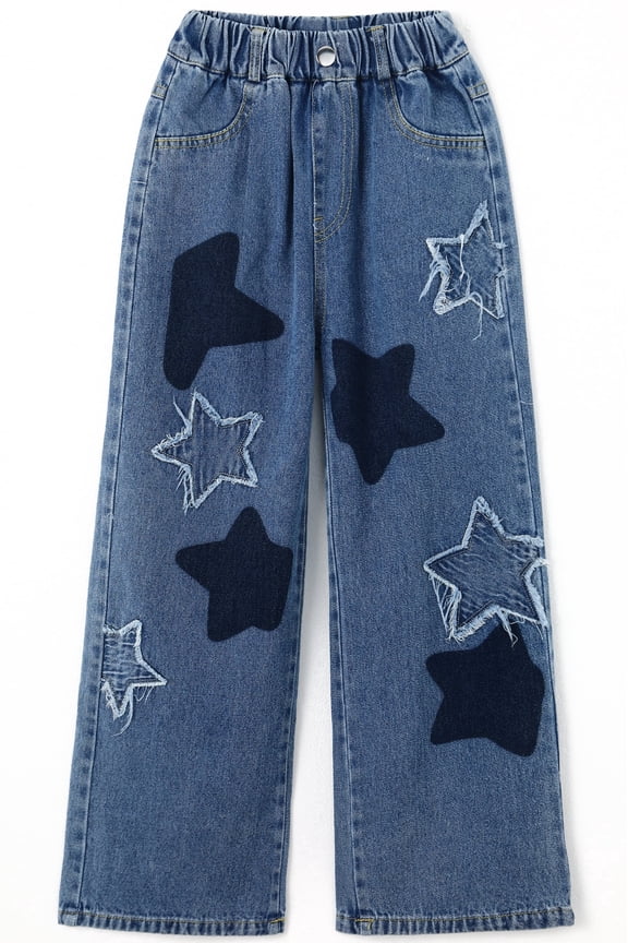 Girls Star Patchwork Jeans, Kids Distressed Wide Leg Denim Pants,Light Blue,12-13 Years