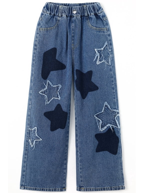 Girls Star Patchwork Jeans, Kids Distressed Wide Leg Denim Pants,Light Blue,12-13 Years